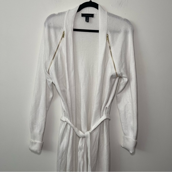 H Halston Women’s White Belted Open Front Cardigan Sweater w/ Gold Zippers in M - Picture 2 of 8